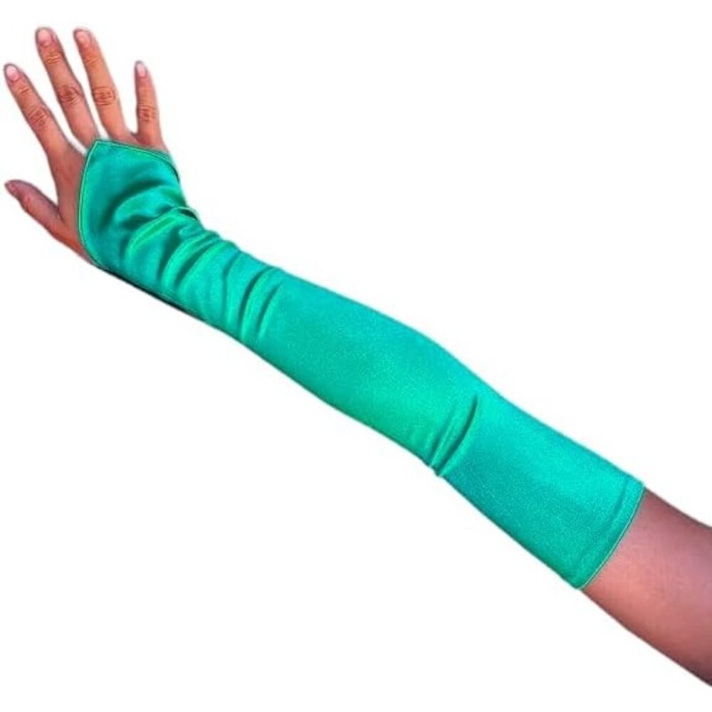 Women's Beautiful Green Long Satin Finger Loop Gloves Bridal Part Prom